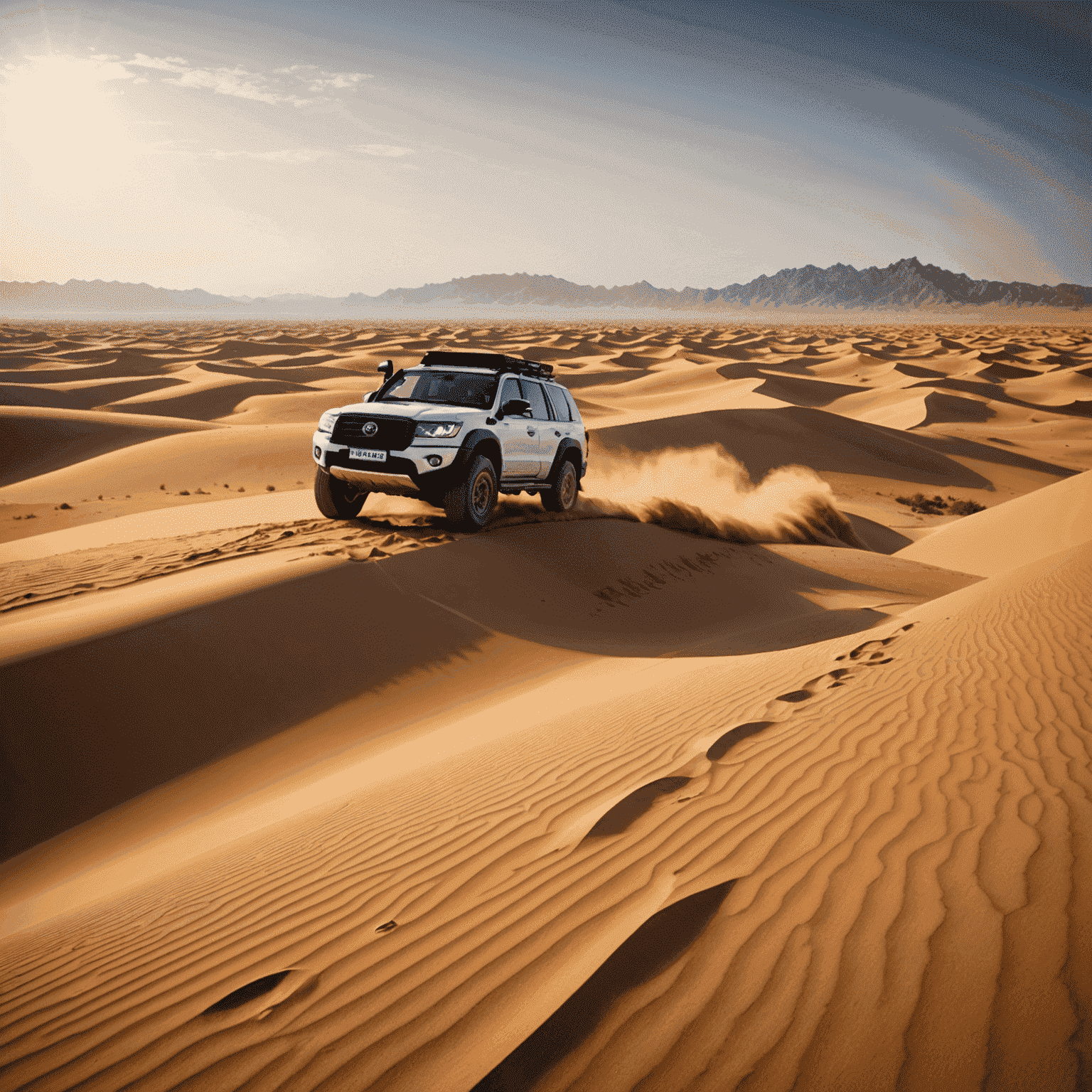 Thrilling dune bashing experience in a 4x4 vehicle racing over golden sand dunes in the Arabian Desert