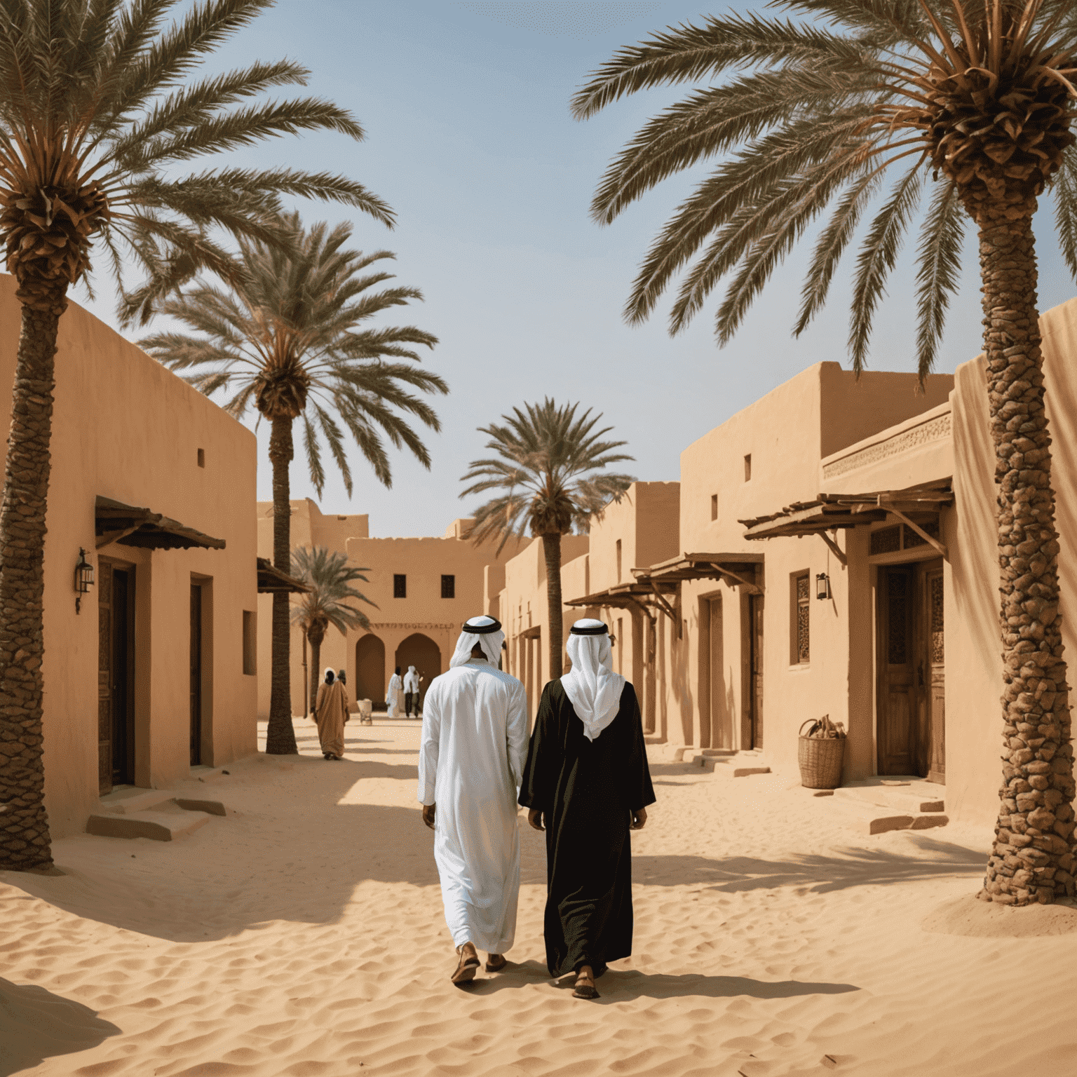 A traditional Emirati heritage village with sand-colored buildings, palm trees, and people in traditional dress exploring the area