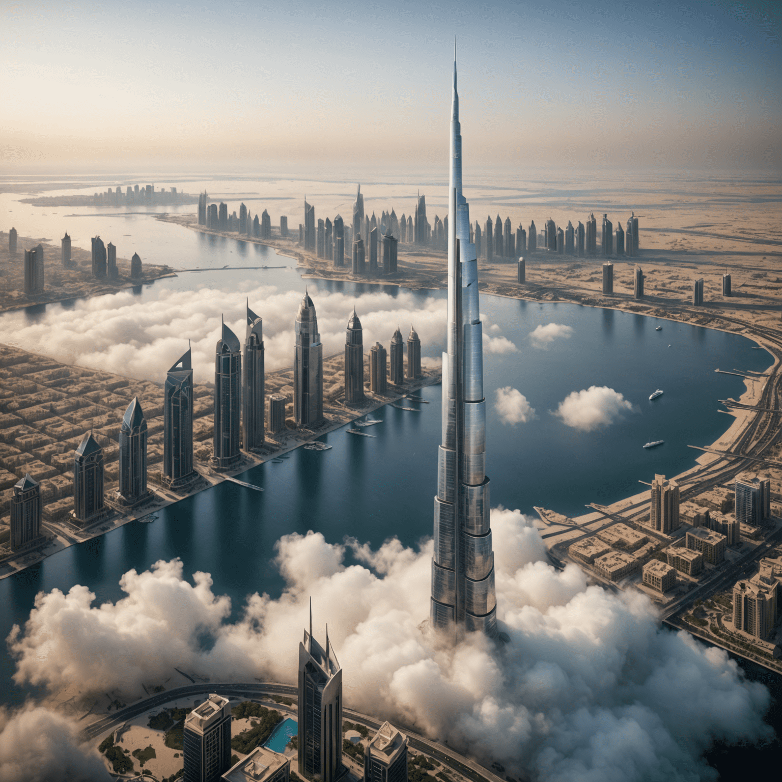 Rendering of the Dubai Creek Tower, a needle-like structure rising above the clouds with a distinctive pinnacle design