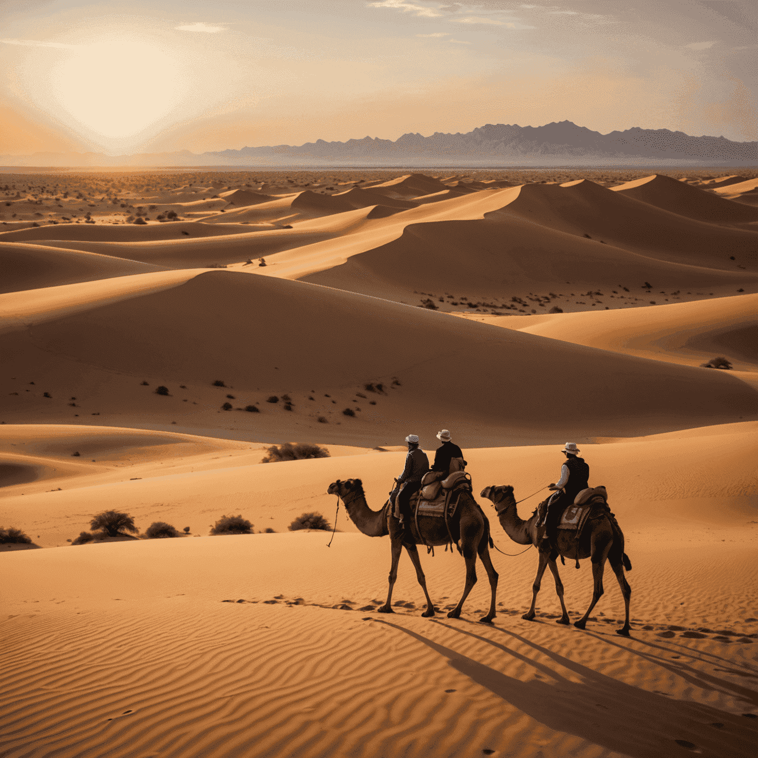 Tourists enjoying a serene camel ride across the desert at sunset, with sand dunes in the background