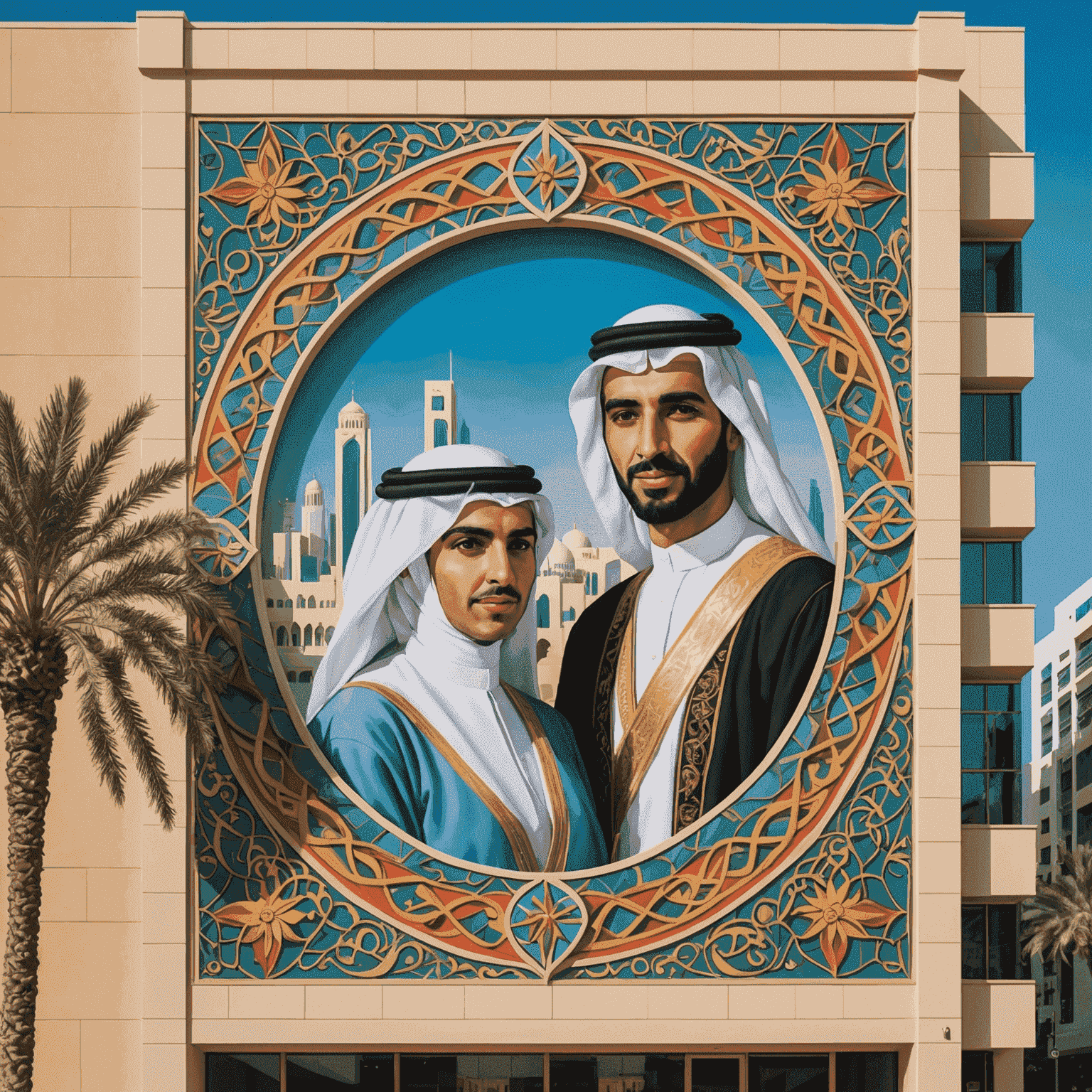 Colorful mural on a building in downtown Abu Dhabi, depicting traditional Emirati culture blended with modern elements