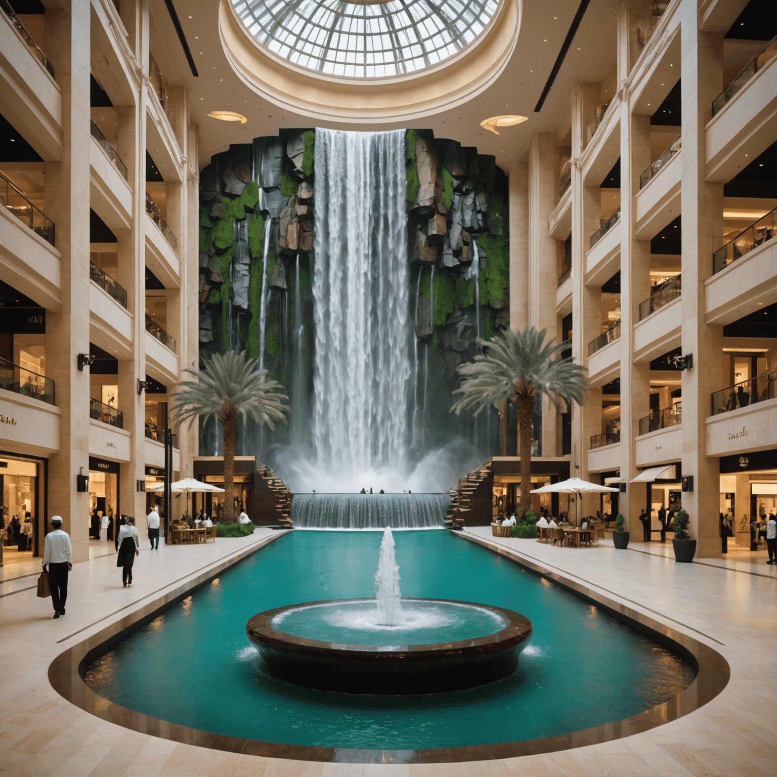 Interior of Dubai Mall showing luxury stores and the famous waterfall