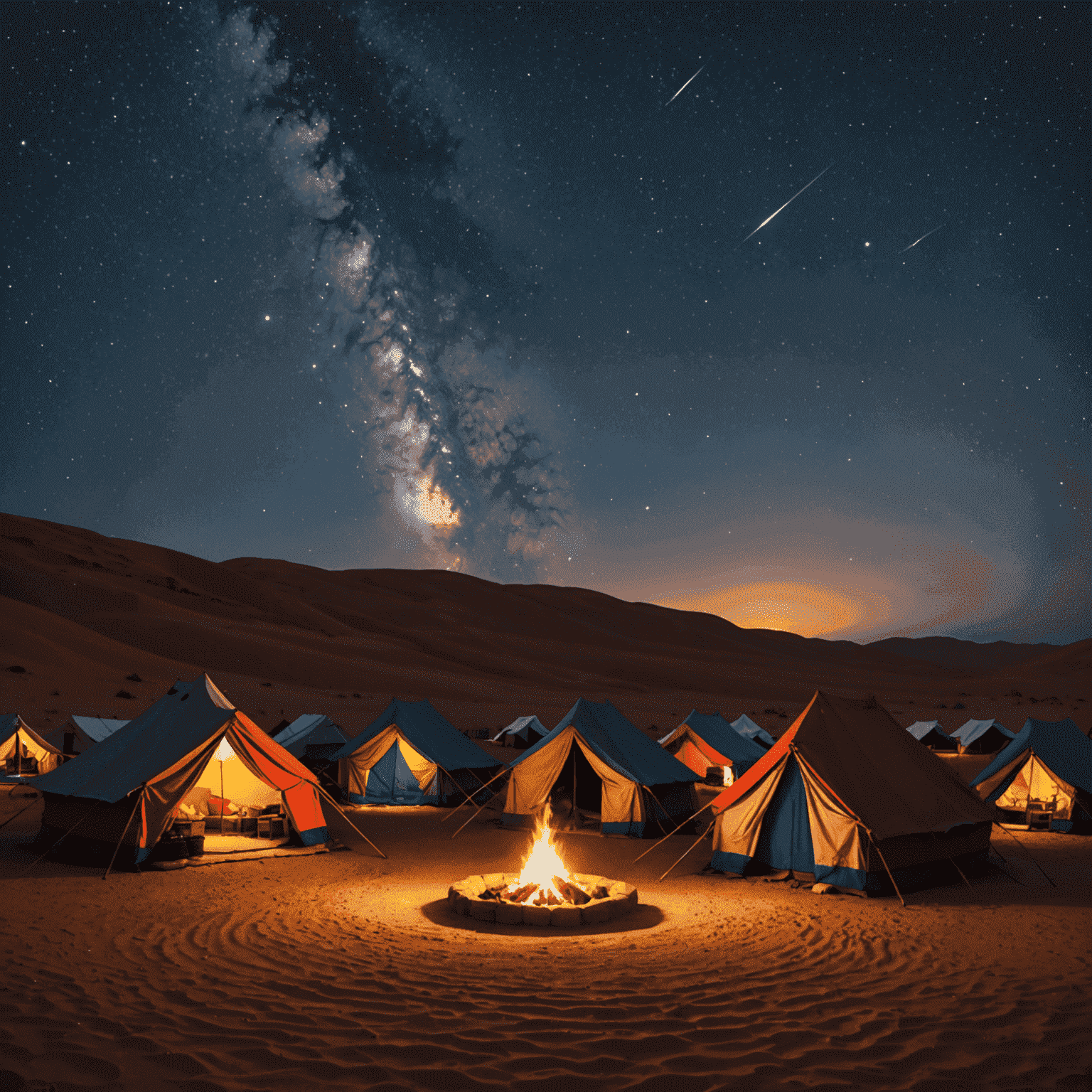 Traditional Bedouin camp at night with colorful tents, campfire, and starry sky overhead