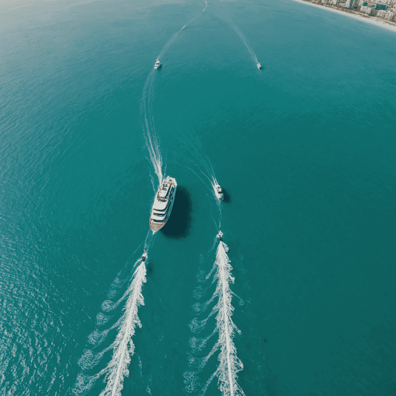 Aerial view of a luxury yacht cruising through crystal-clear turquoise waters near Palm Jumeirah. The yacht's wake creates a beautiful pattern in the water, and several smaller boats can be seen in the distance.