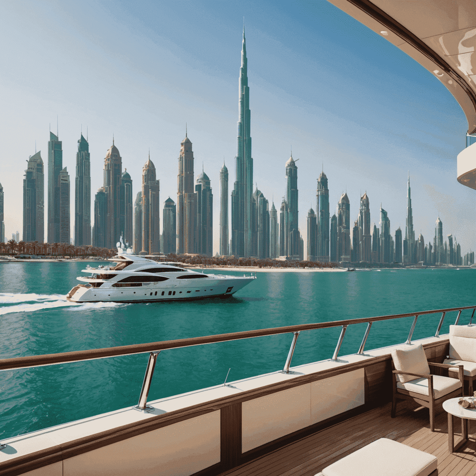 Luxurious yacht cruising along Dubai's coastline with the city skyline in the background