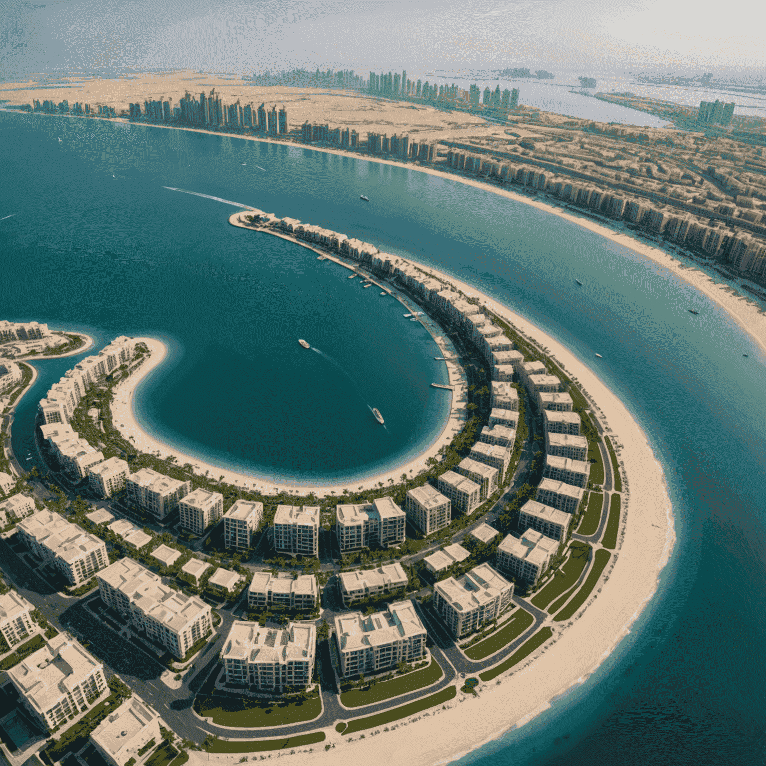 Aerial view of Palm Jumeirah island showing its palm tree shape and luxurious properties