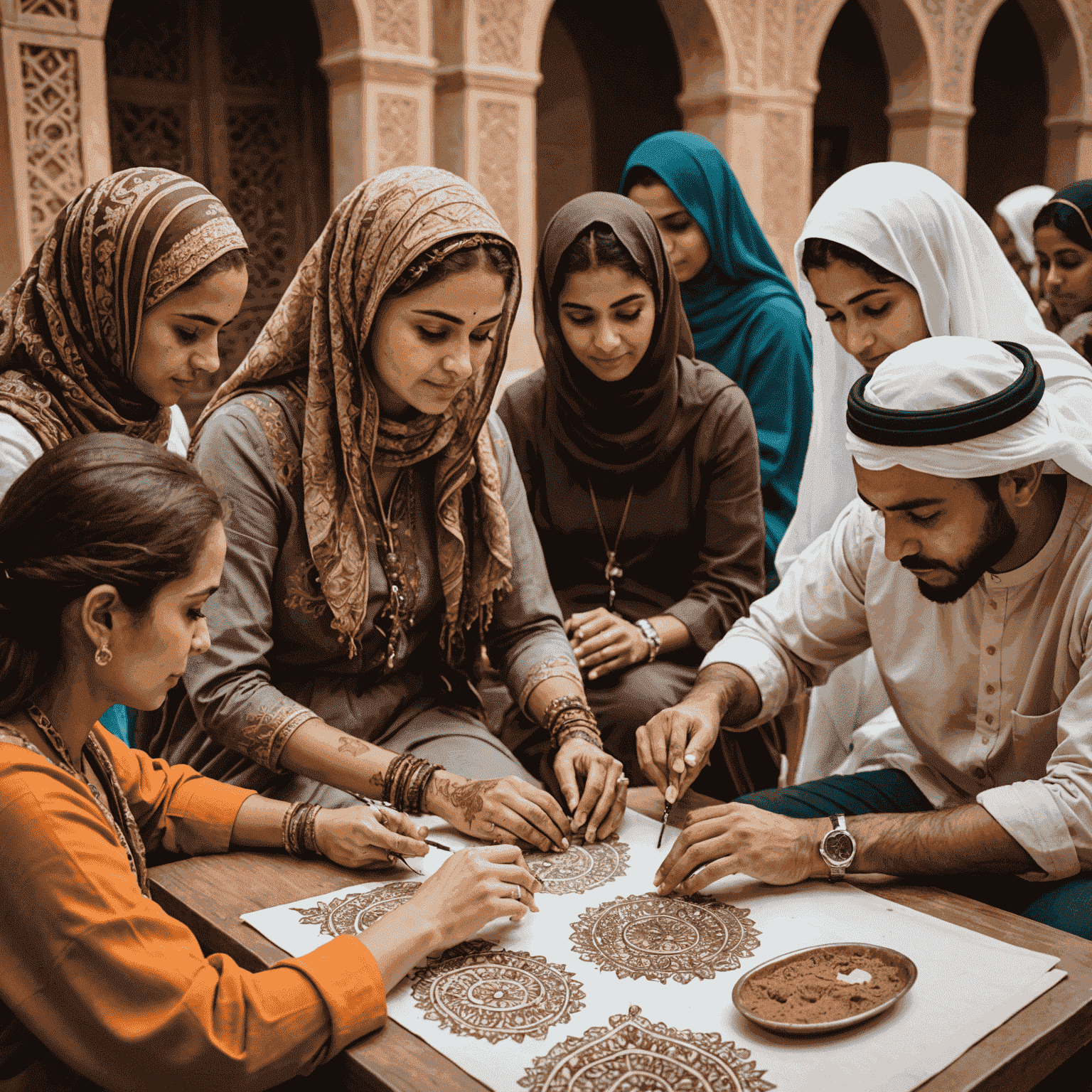 A group of tourists participating in a traditional henna application workshop with an Emirati artist